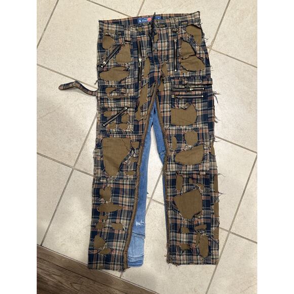 Blackmeans Shredded boro patchwork plaid cropped cargo denim - Picture 5 of 14